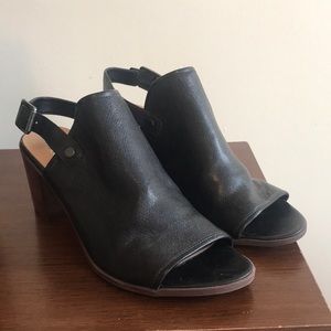 Black leather peep toe bootie with wood block heel